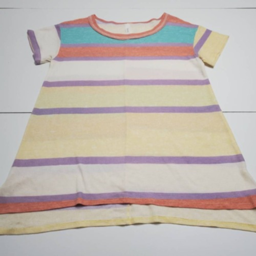 Honey Me Womens T-Shirt White Yellow Stripe Short Sleeve Scoop Neck High Low S